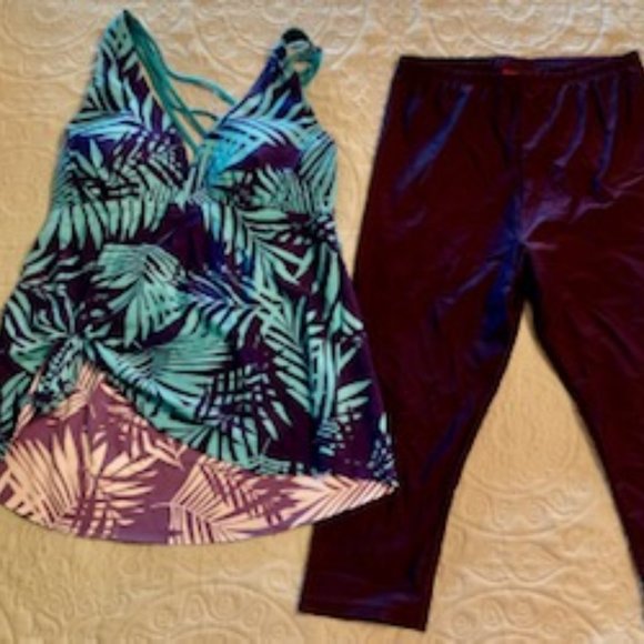 Turquoise and Dark Blue capri bottoms bathing suit - Picture 1 of 6